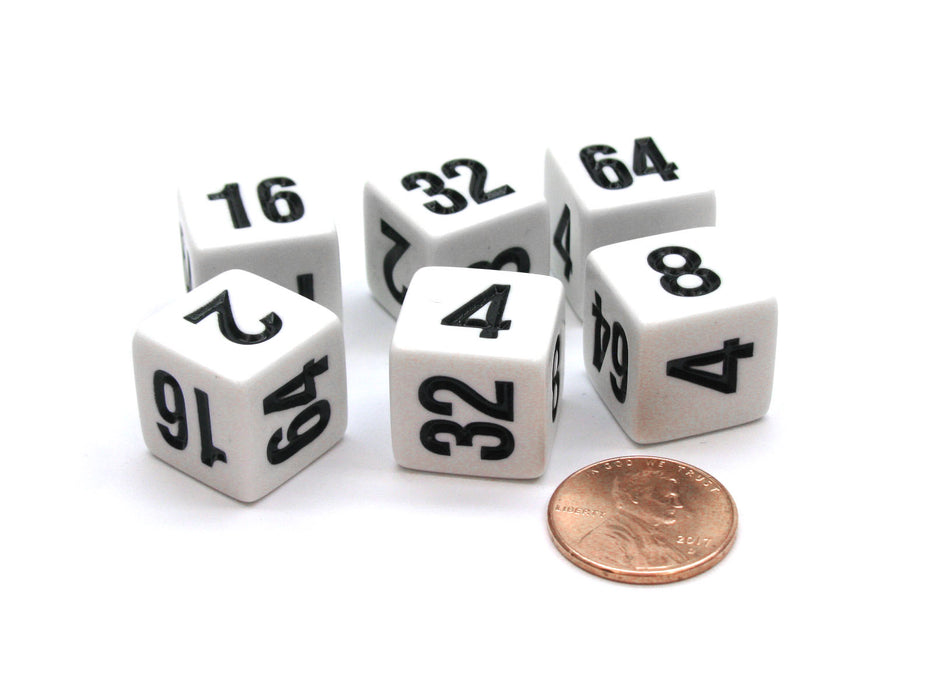 Pack of 6 Opaque 16mm Doubling Dice Cube (2, 4, 8, 16, 32, 64) - White