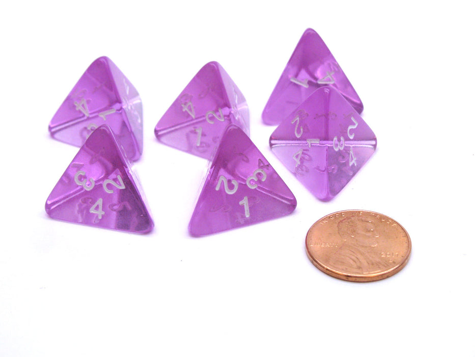 Pack of 6 D4 Transparent Dice - Purple with White Numbers