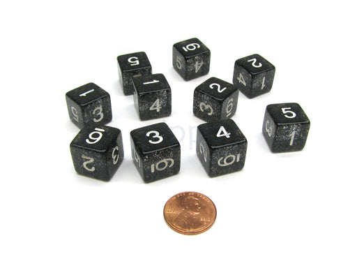 Pack of 10 D6 6 Sided 16mm Koplow Games Number Glitter Dice - Black