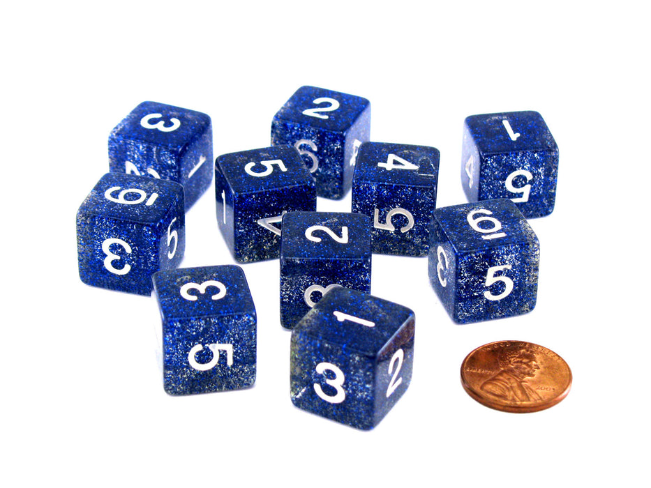 Pack of 10 D6 6 Sided 16mm Koplow Games Number Glitter Dice - Blue