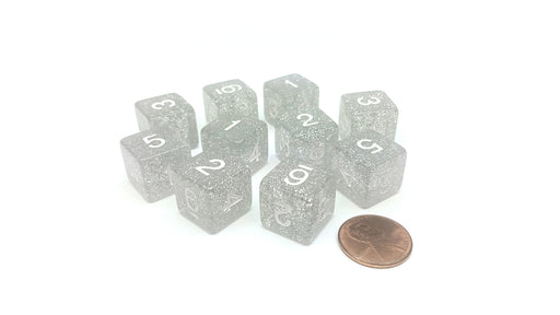 Pack of 10 D6 6 Sided 16mm Koplow Games Number Glitter Dice - Clear