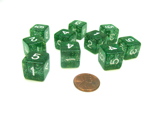 Pack of 10 D6 6 Sided 16mm Koplow Games Number Glitter Dice - Green