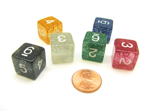 Pack of 6 D6 Number Glitter Dice - Black, Blue, Clear, Green, Purple, Yellow