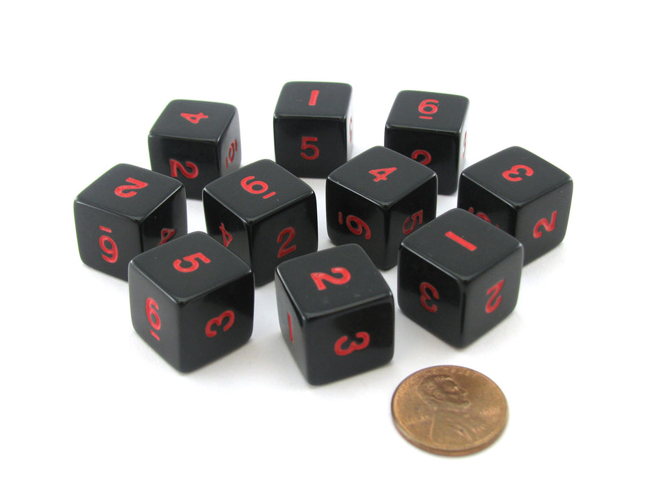 Set of 10 D6 Six-Sided 16mm Opaque Numbered Dice - Black with Red Numbers