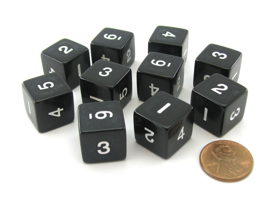 Set of 10 D6 Six-Sided 16mm Opaque Numbered Dice - Black with White Numbers