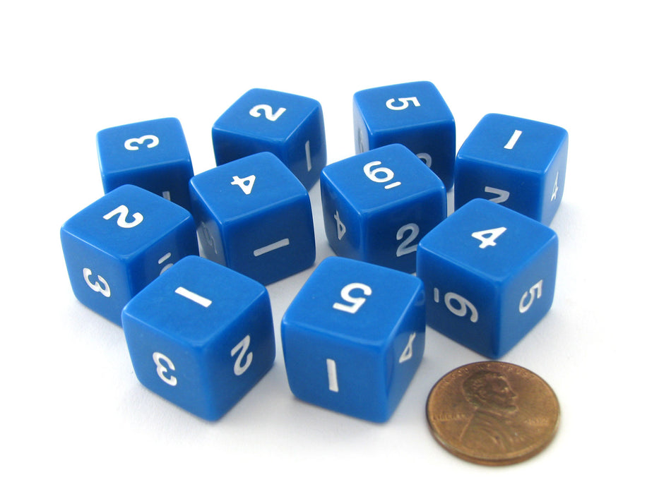 Set of 10 D6 Six-Sided 16mm Opaque Numbered Dice - Blue with White Numbers