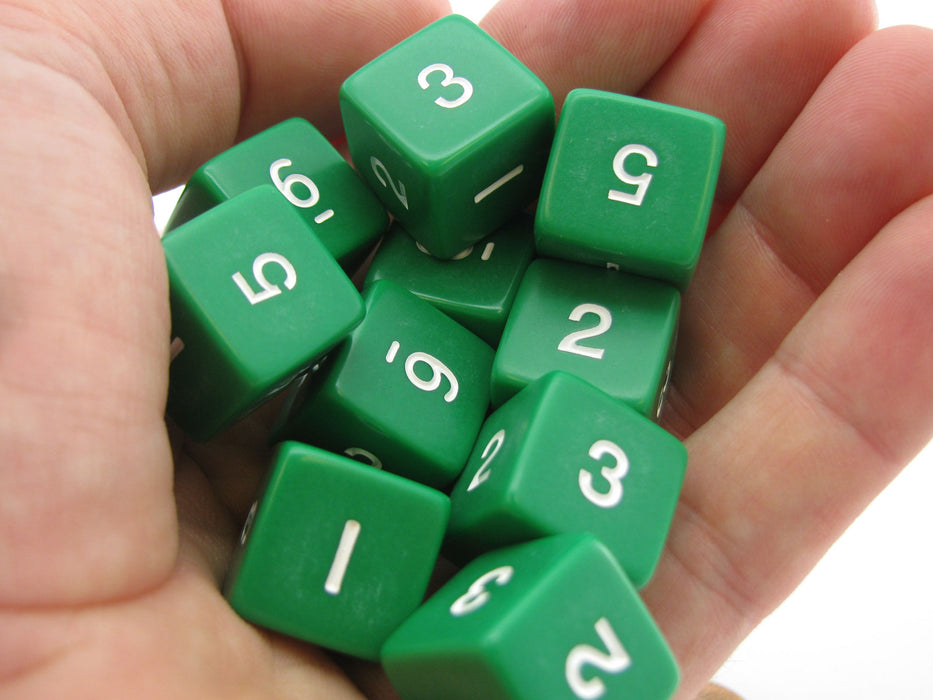 Set of 10 D6 Six-Sided 16mm Opaque Numbered Dice - Green with White Numbers