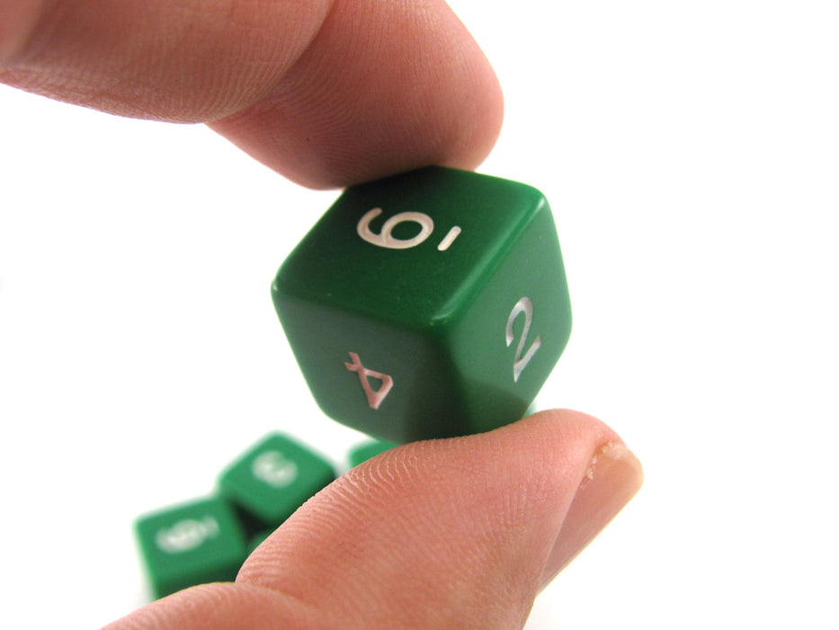 Set of 10 D6 Six-Sided 16mm Opaque Numbered Dice - Green with White Numbers