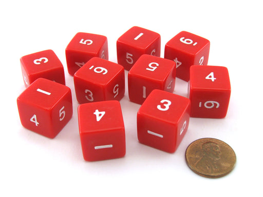Set of 10 D6 Six-Sided 16mm Opaque Numbered Dice - Red with White Numbers