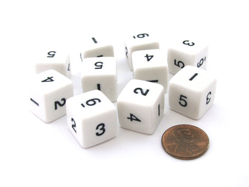 Set of 10 D6 Six-Sided 16mm Opaque Numbered Dice - White with Black Numbers