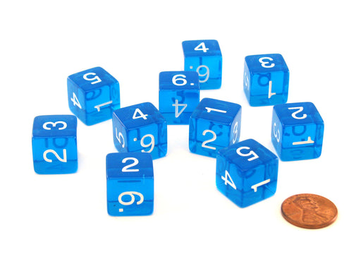 Pack of 10 Transparent 6-Sided D6 16mm Numbered Dice - Blue