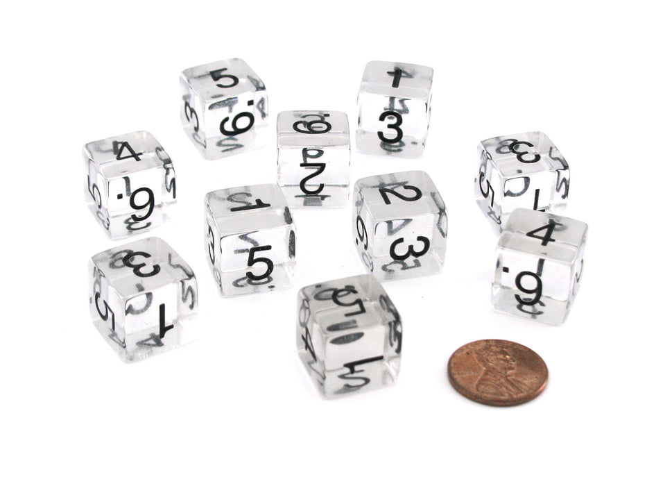 Pack of 10 Transparent 6-Sided D6 16mm Numbered Dice - Clear
