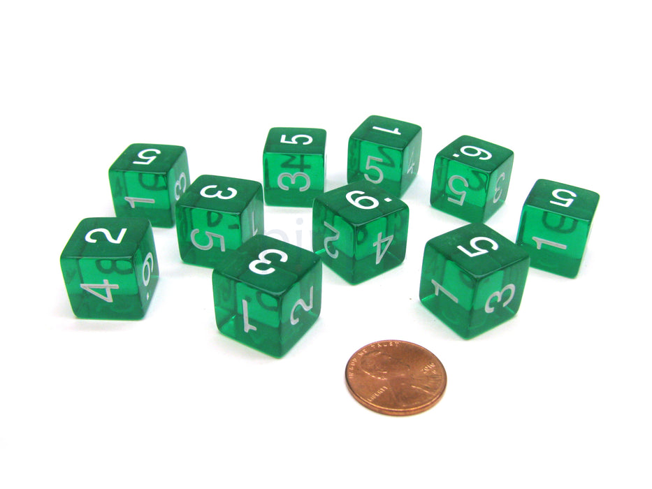 Pack of 10 Transparent 6-Sided D6 16mm Numbered Dice - Green