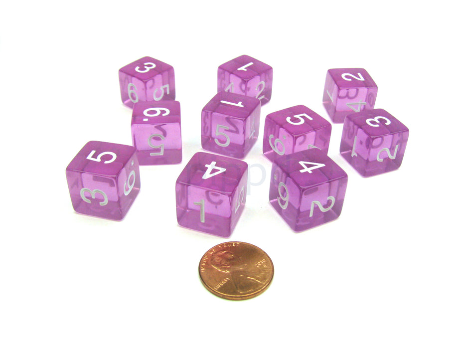Pack of 10 Transparent 6-Sided D6 16mm Numbered Dice - Orchid