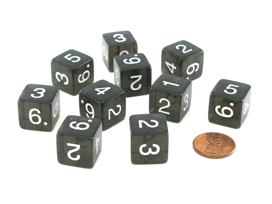 Pack of 10 Transparent 6-Sided D6 16mm Numbered Dice - Smoke