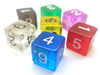 7 Transparent D6 16mm Numbered Dice - Blue Clear Green Orchid Red Smoke Yellow
