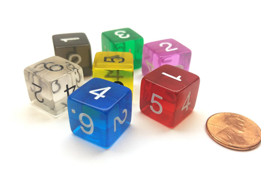 7 Transparent D6 16mm Numbered Dice - Blue Clear Green Orchid Red Smoke Yellow