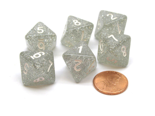 Pack of 6 D8 8-Sided Glitter Dice - Clear with White Numbers