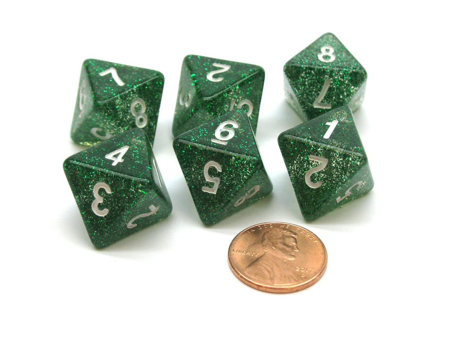 Pack of 6 D8 8-Sided Glitter Dice - Green with White Numbers