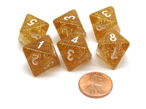 Pack of 6 D8 8-Sided Glitter Dice - Yellow with White Numbers