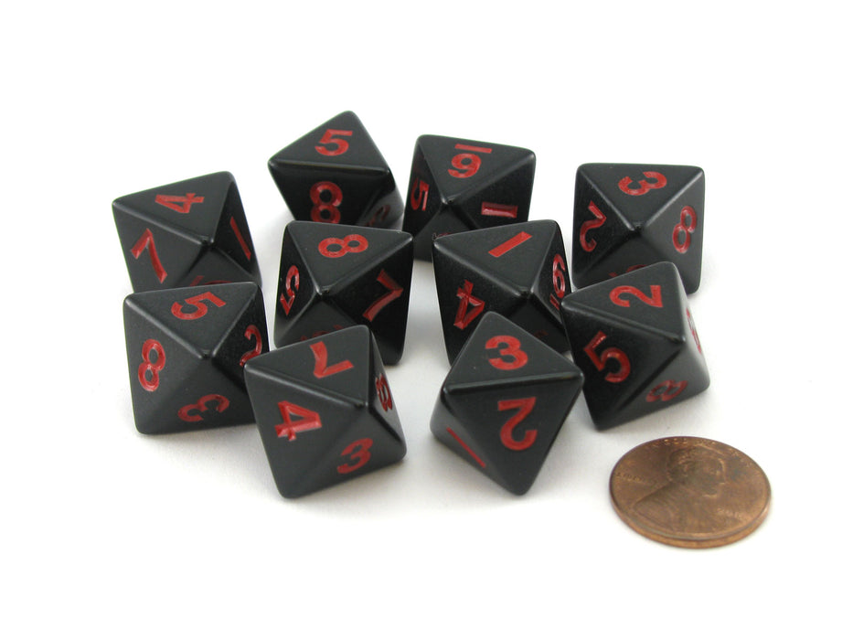 Pack of 10 D8 8-Sided 15mm Opaque Dice - Black with Red Numbers