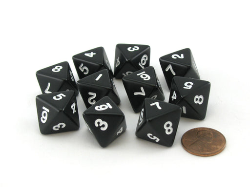 Pack of 10 D8 8-Sided 15mm Opaque Dice - Black with White Numbers