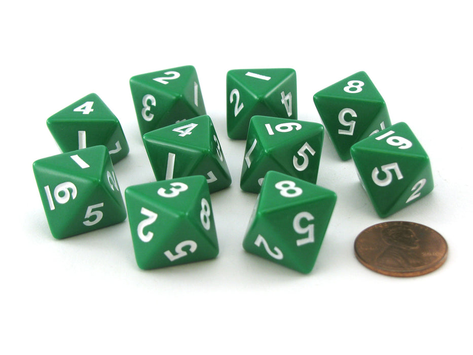 Pack of 10 D8 8-Sided 15mm Opaque Dice - Green with White Numbers