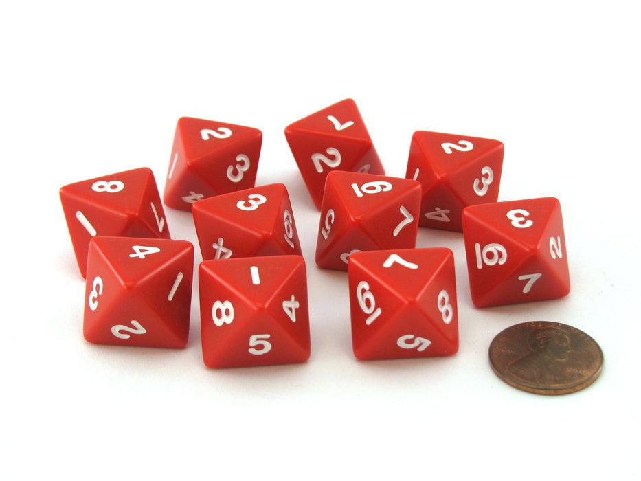 Pack of 10 D8 8-Sided 15mm Opaque Dice - Red with White Numbers