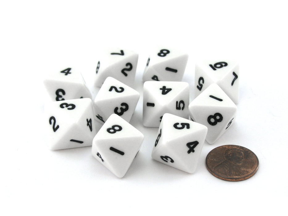 Pack of 10 D8 8-Sided 15mm Opaque Dice - White with Black Numbers