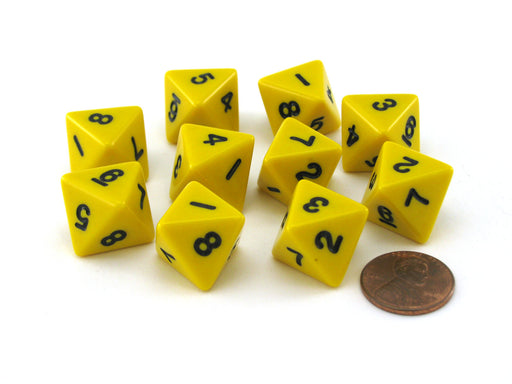 Pack of 10 D8 8-Sided 15mm Opaque Dice - Yellow with Black Numbers