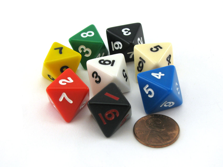 Pack of 8 D8 15mm Opaque Dice- Black (2), Blue, Green, Red, White, Yellow, Ivory