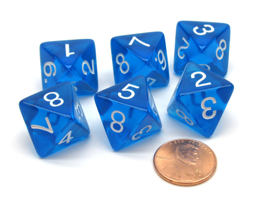 Pack of 6 D8 Transparent 8-Sided Dice - Blue with White Numbers