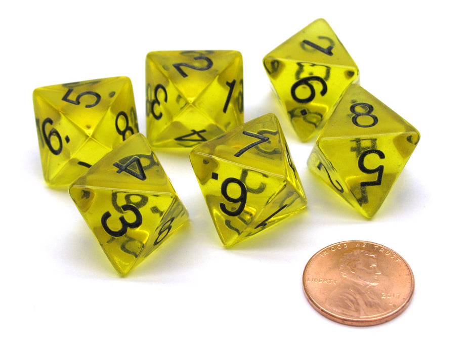 Pack of 6 D8 Transparent 8-Sided Dice - Yellow with Black Numbers