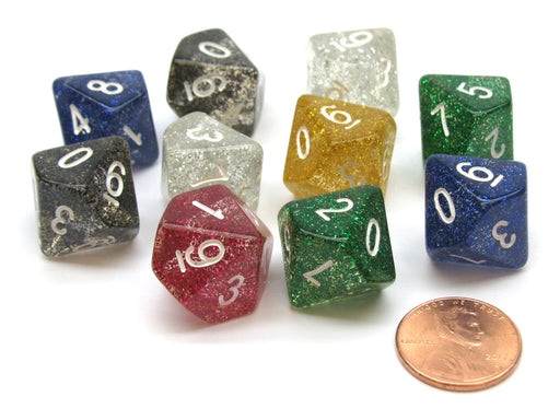 Pack of 10 D10 Glitter 10-Sided Dice - Assorted Colors