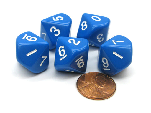 Set of 5 D10 10-Sided 16mm Opaque RPG Dice - Blue with White Numbers