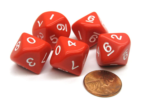 Set of 5 D10 10-Sided 16mm Opaque RPG Dice - Red with White Numbers