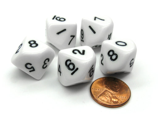 Set of 5 D10 10-Sided 16mm Opaque RPG Dice - White with Black Numbers