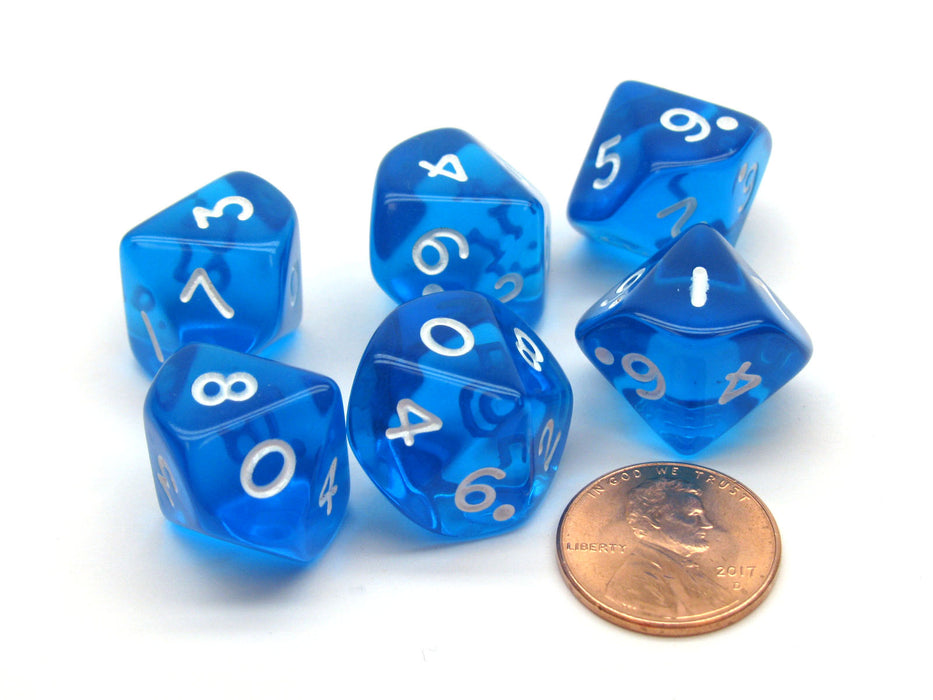 Pack of 6 D10 Transparent 10-Sided Dice - Blue with White Numbers