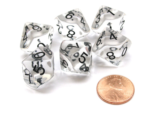 Pack of 6 D10 Transparent 10-Sided Dice - Clear with Black Numbers