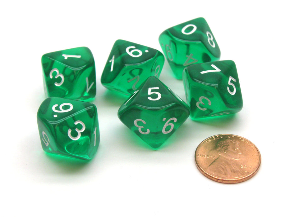 Pack of 6 D10 Transparent 10-Sided Dice - Green with White Numbers