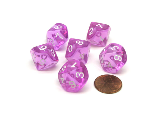 Pack of 6 D10 Transparent 10-Sided Dice - Purple with White Numbers
