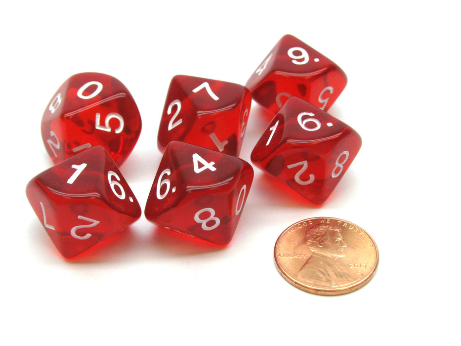Pack of 6 D10 Transparent 10-Sided Dice - Red with White Numbers