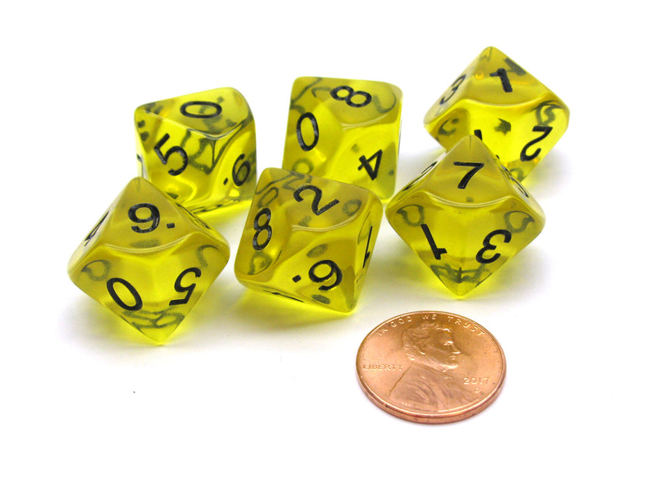 Pack of 6 D10 Transparent 10-Sided Dice - Yellow with Black Numbers