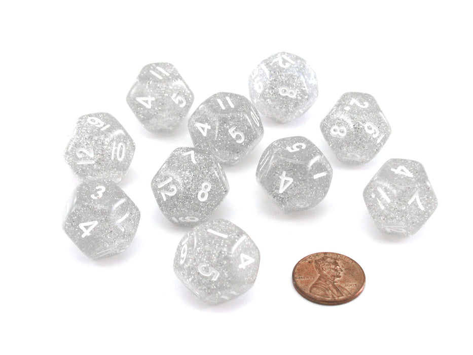 Pack of 10 D12 20mm Koplow Games Glitter Dice - Clear