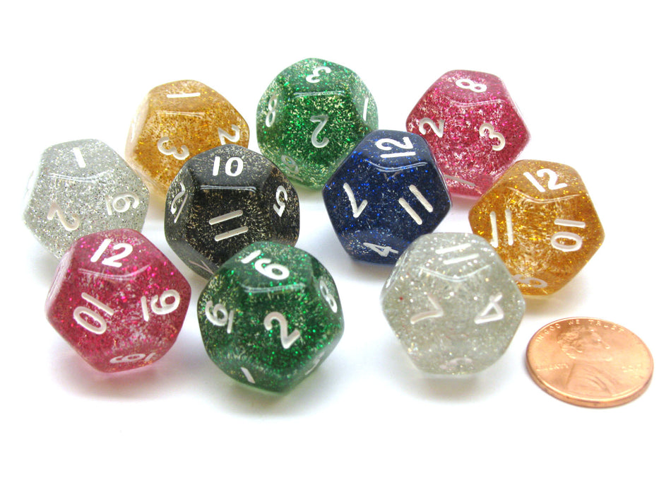 Pack of 10 D12 Glitter 12-Sided Dice - Assorted Colors