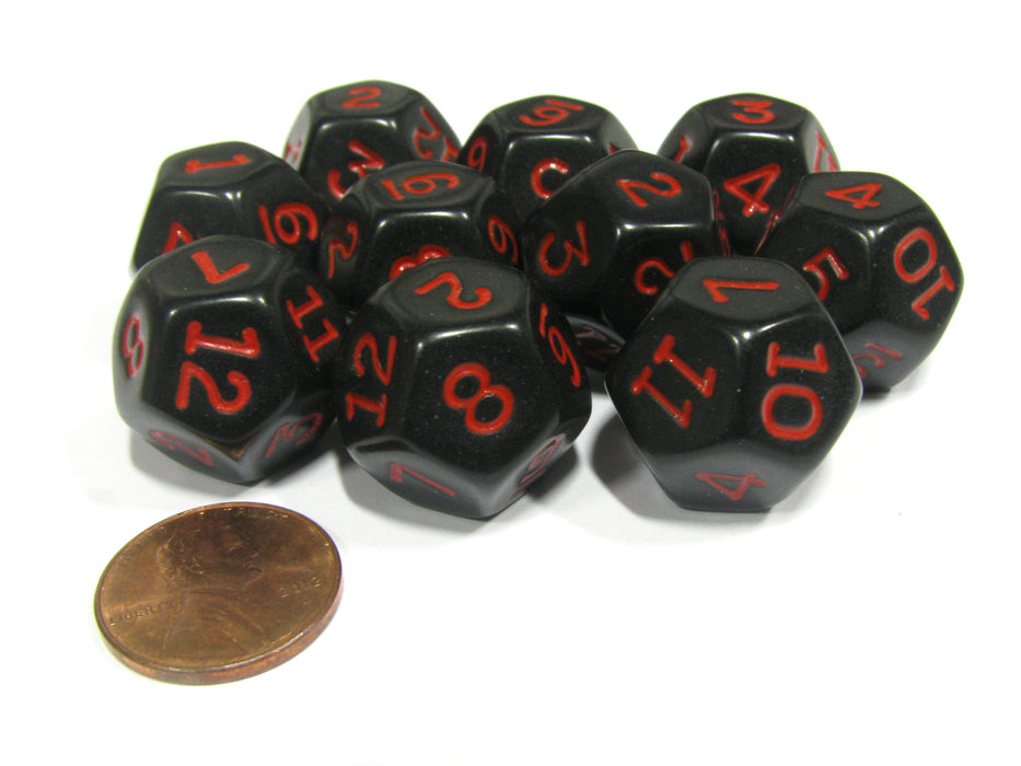 Set of 10 D12 12-Sided 18mm Opaque RPG Dice - Black with Red Numbers