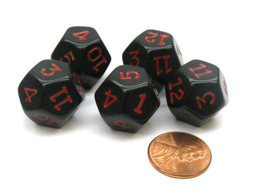 Set of 5 D12 12-Sided 18mm Opaque RPG Dice - Black with Red Numbers