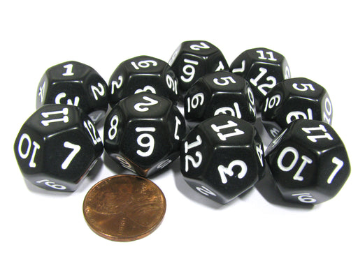 Set of 10 D12 12-Sided 18mm Opaque RPG Dice - Black with White Numbers