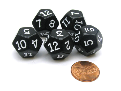 Set of 5 D12 12-Sided 18mm Opaque RPG Dice - Black with White Numbers