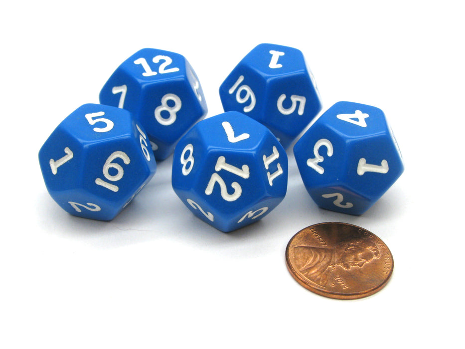 Set of 5 D12 12-Sided 18mm Opaque RPG Dice - Blue with White Numbers
